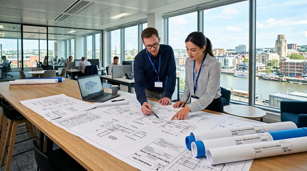 Engineers reviewing building drawings together