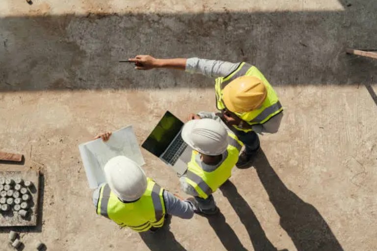 Construction team reviewing plans on a job site
