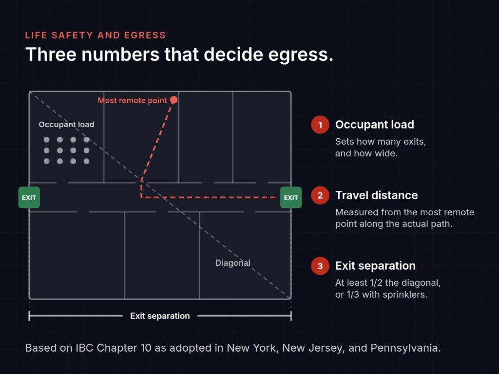 Egress diagram: the three numbers that decide egress — occupant load, travel distance, and exit separation