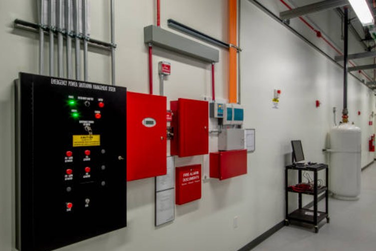 Wall of fire alarm control panels and emergency power distribution equipment