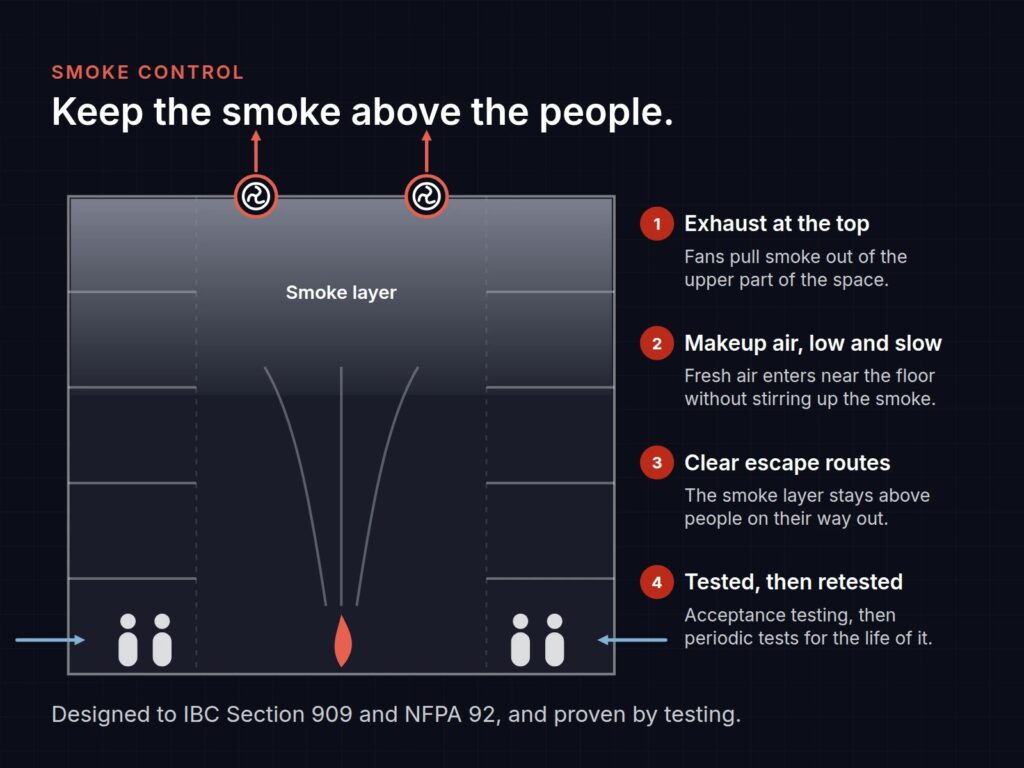 Smoke control diagram: keeping the smoke layer above people in an atrium, per IBC Section 909 and NFPA 92