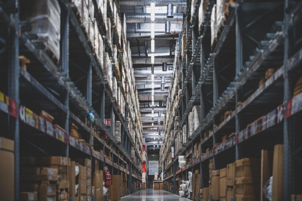 Warehouse aisle with high-piled rack storage